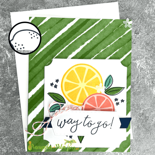 Greeting card “Way to Go!” with bright citrus fruit illustration on front cover.