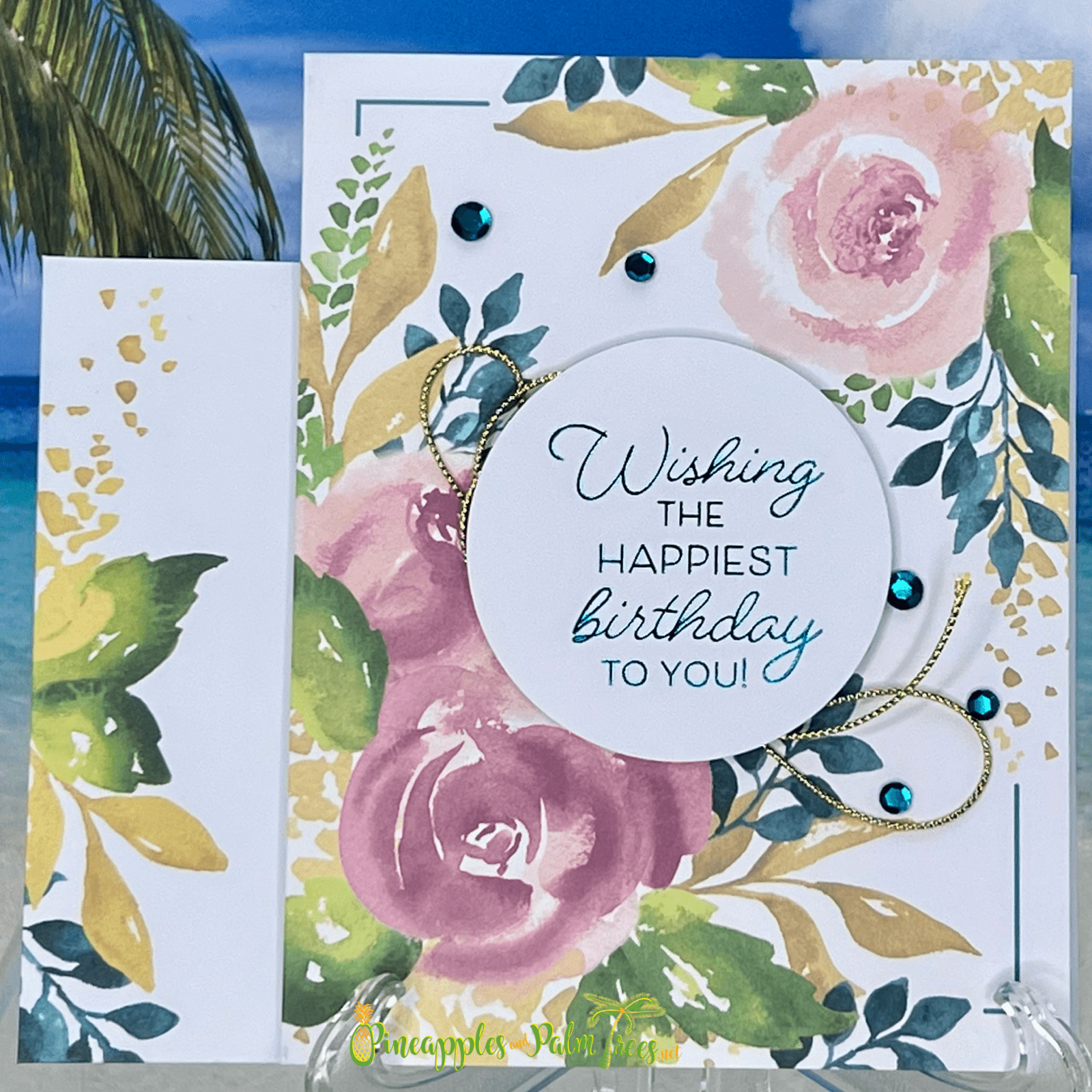 Birthday greeting card “Wishing the Happiest Birthday to You” with beautiful flower illustration on the front cover.