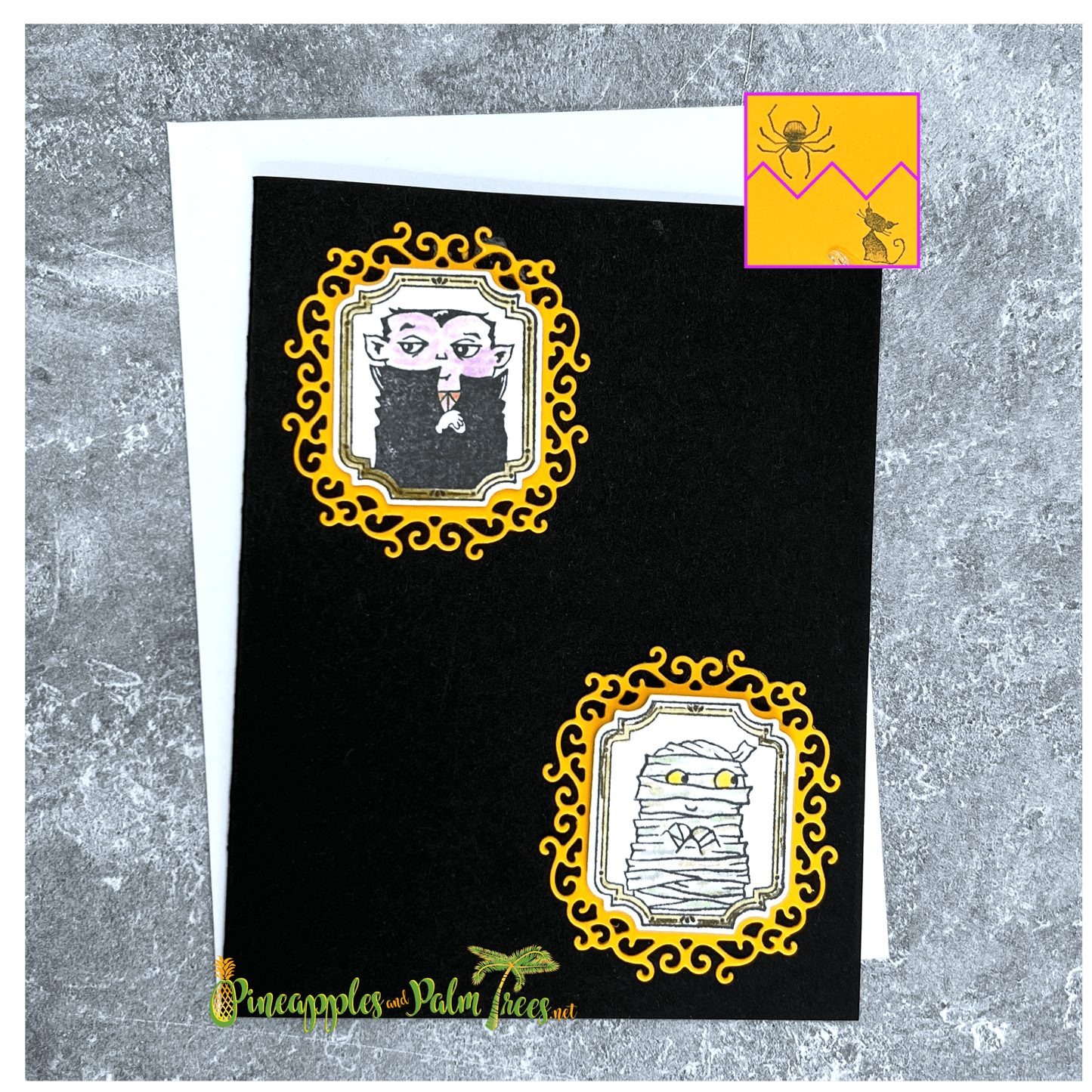 Halloween greeting card featuring a Dracula mummy in black and orange.