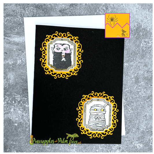 Halloween greeting card featuring a Dracula mummy in black and orange.