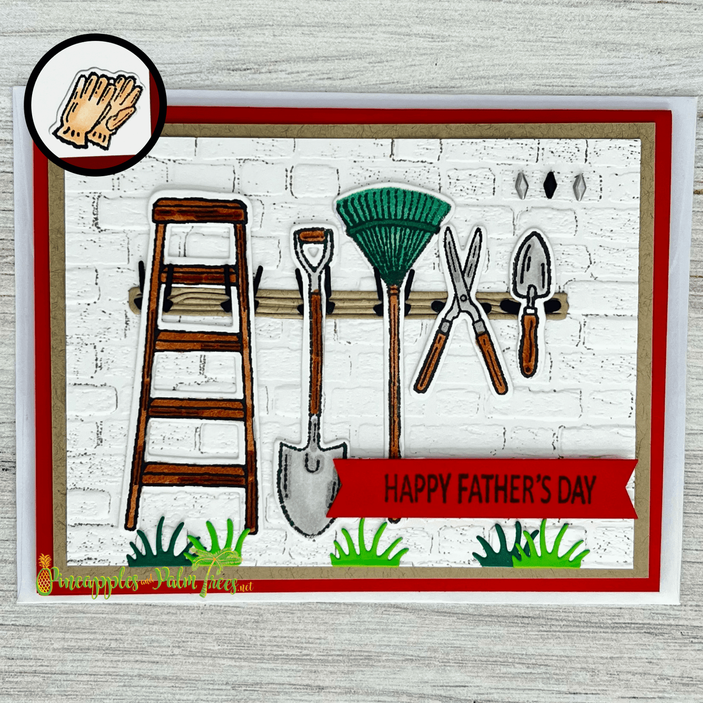 Happy Father's Day greeting card with a garden rake illustration from Pineapples and Palm Trees