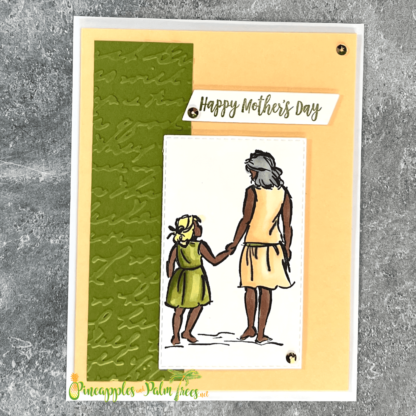 Peach-and-olive handmade greeting card reading ‘Happy Mother’s Day’ on the front, shown with its matching envelope — a unique and special greeting for mom.