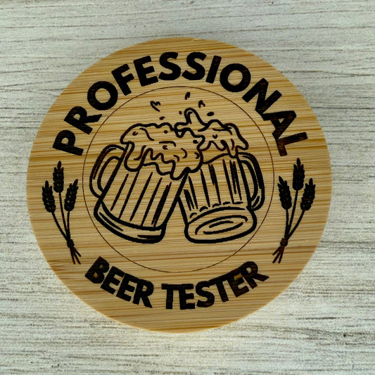 Round laser‑engraved bottle opener with “Professional Beer Tester” design, ideal for beer lovers and home bars.