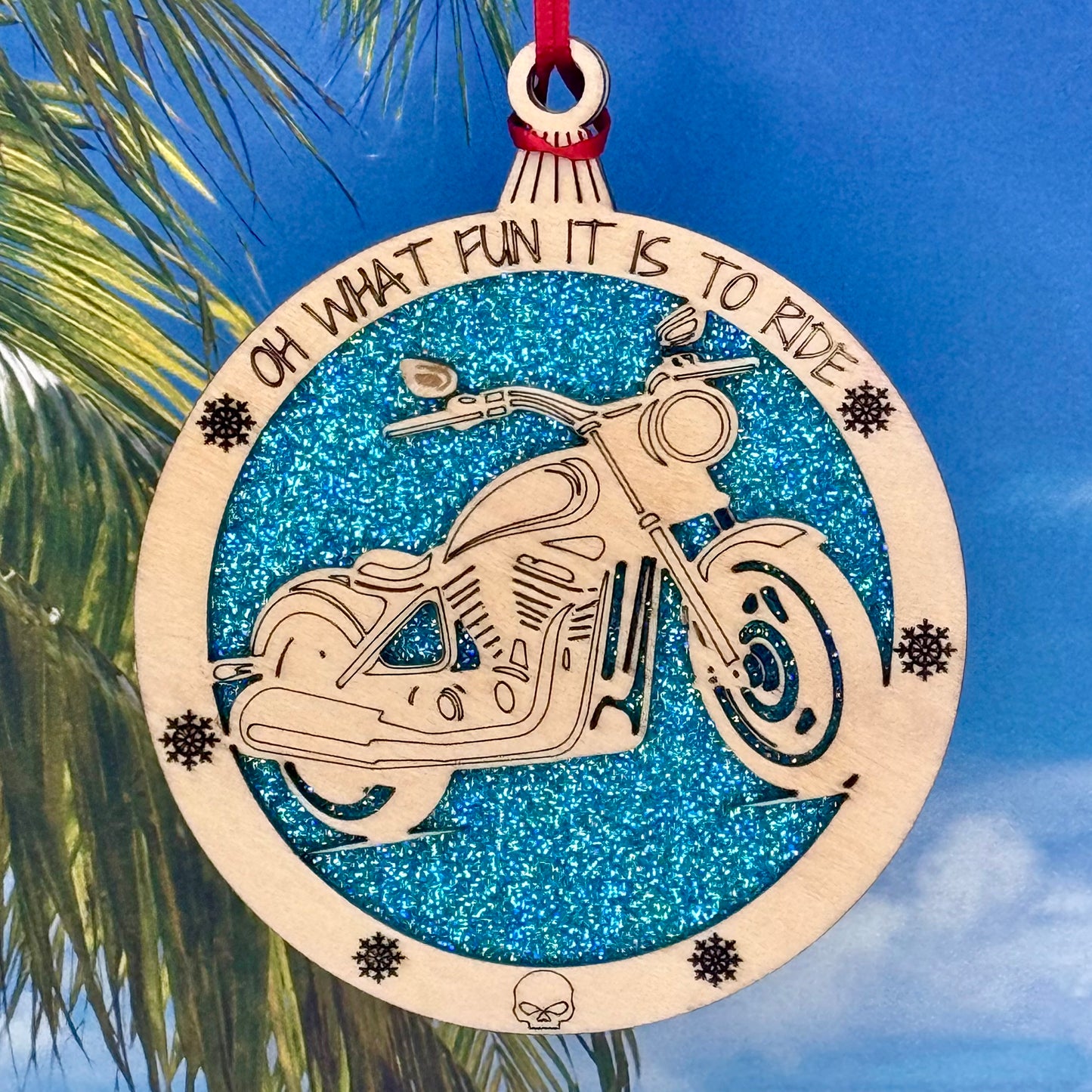 Lasered Christmas ornament with “Oh What Fun It Is to Ride” festive message, perfect for holiday décor.