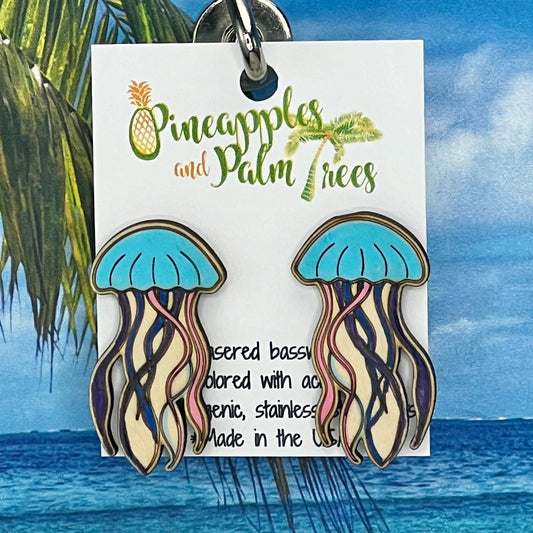 Lasered jellyfish stud earrings with ocean-inspired design, perfect for gifting or everyday wear.