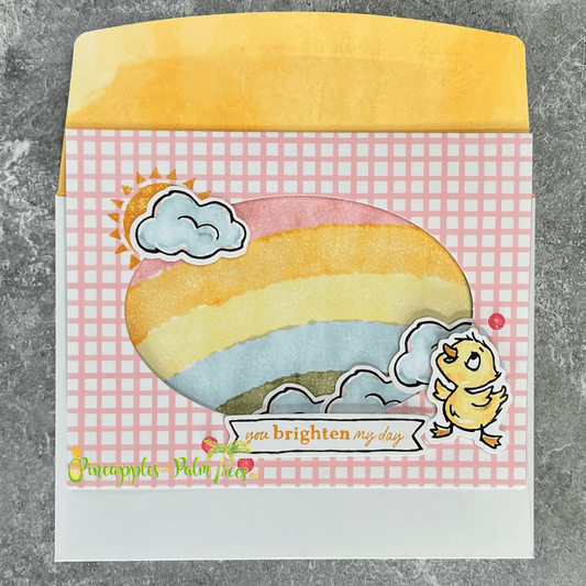 Cheerful greeting card with a cute duckling illustration and the message “You Brighten My Day” on the front.