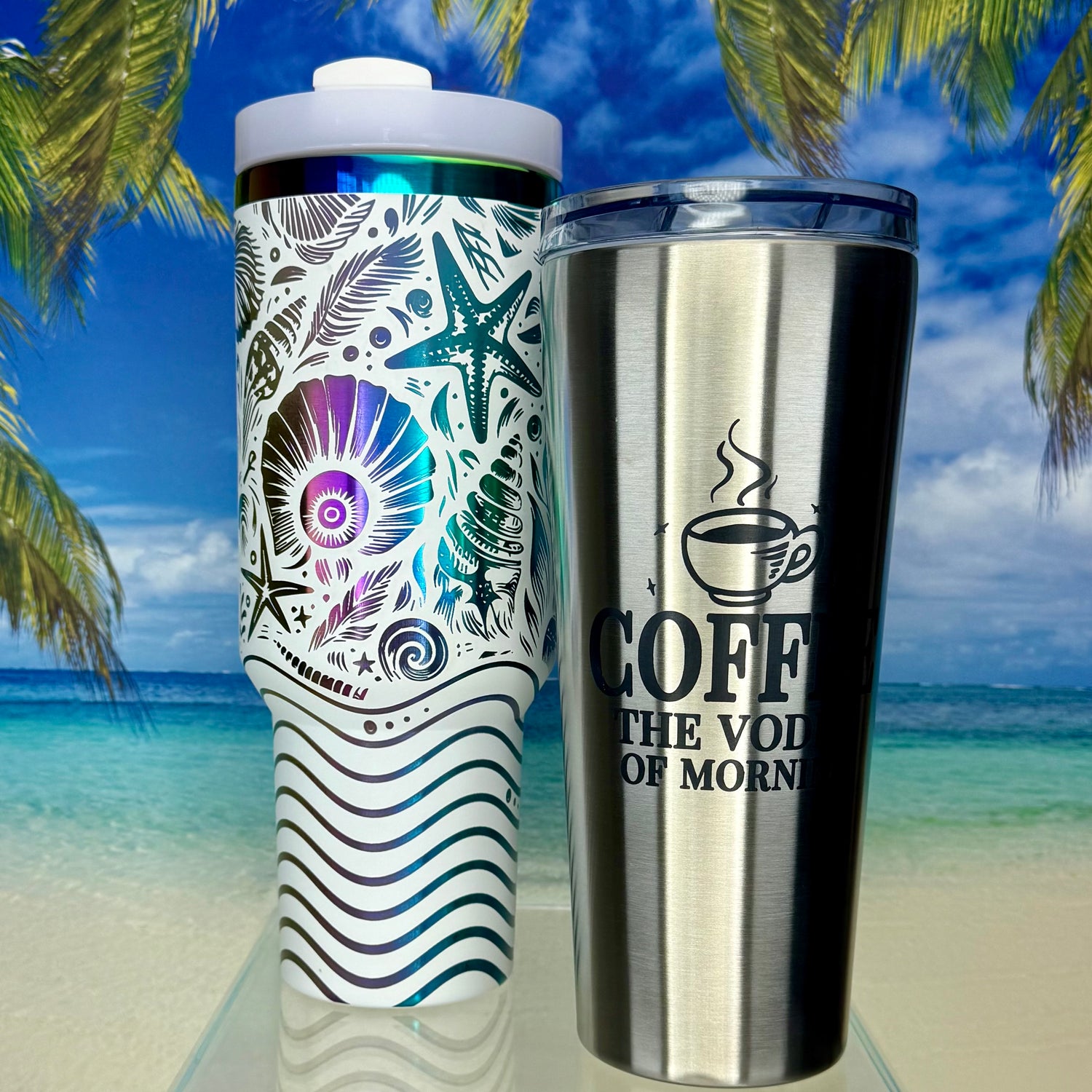 Assorted stainless steel tumblers from Pineapples and Palm Trees, featuring fun and witty laser-engraved designs perfect for gifting or daily use.