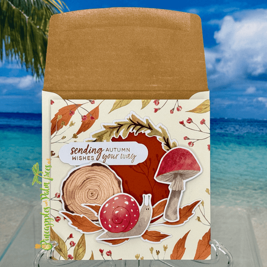 Greeting card “Sending Autumn Wishes Your Way” with a snail illustration and fall-leaf motif on front.