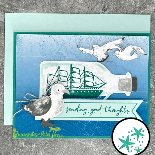 Greeting card “Sending Good Thoughts” featuring a seagull illustration.