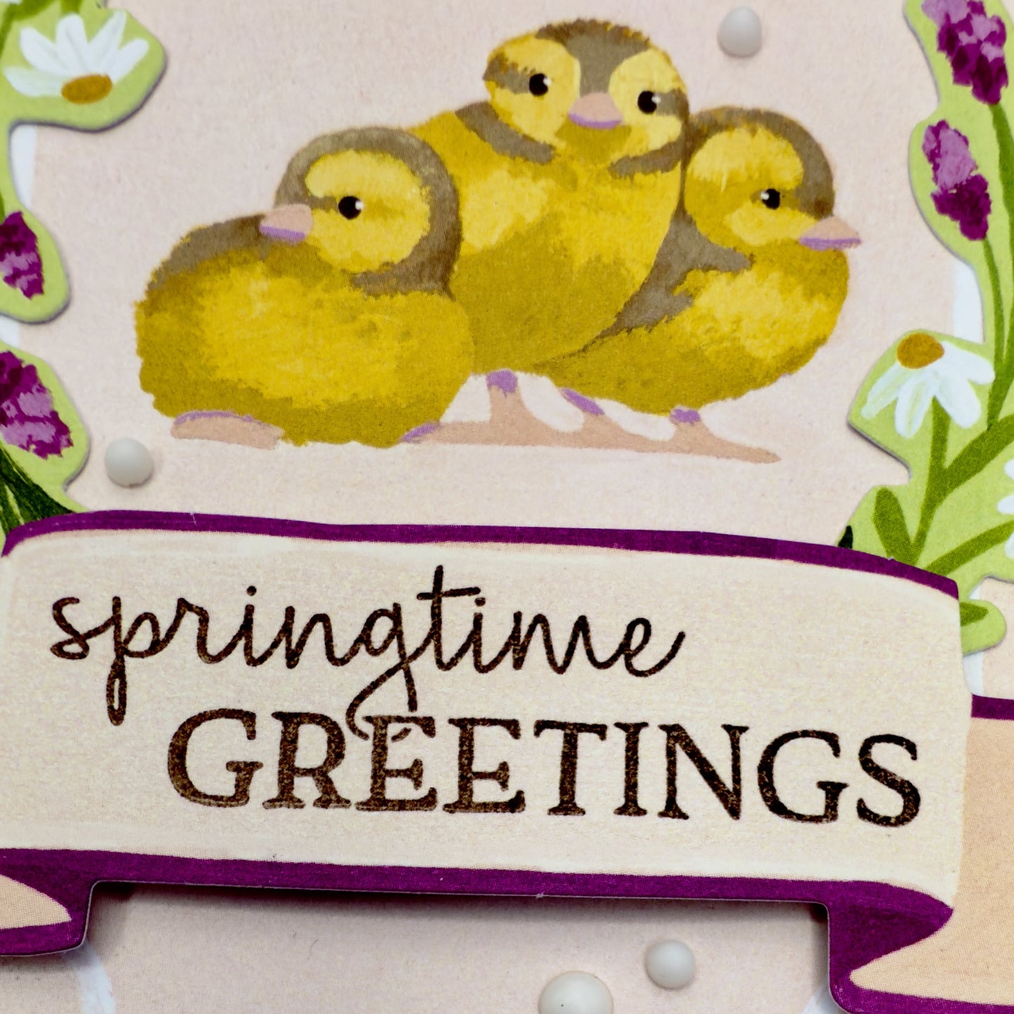 Close-up of baby chick artwork and springtime floral details on the card front.