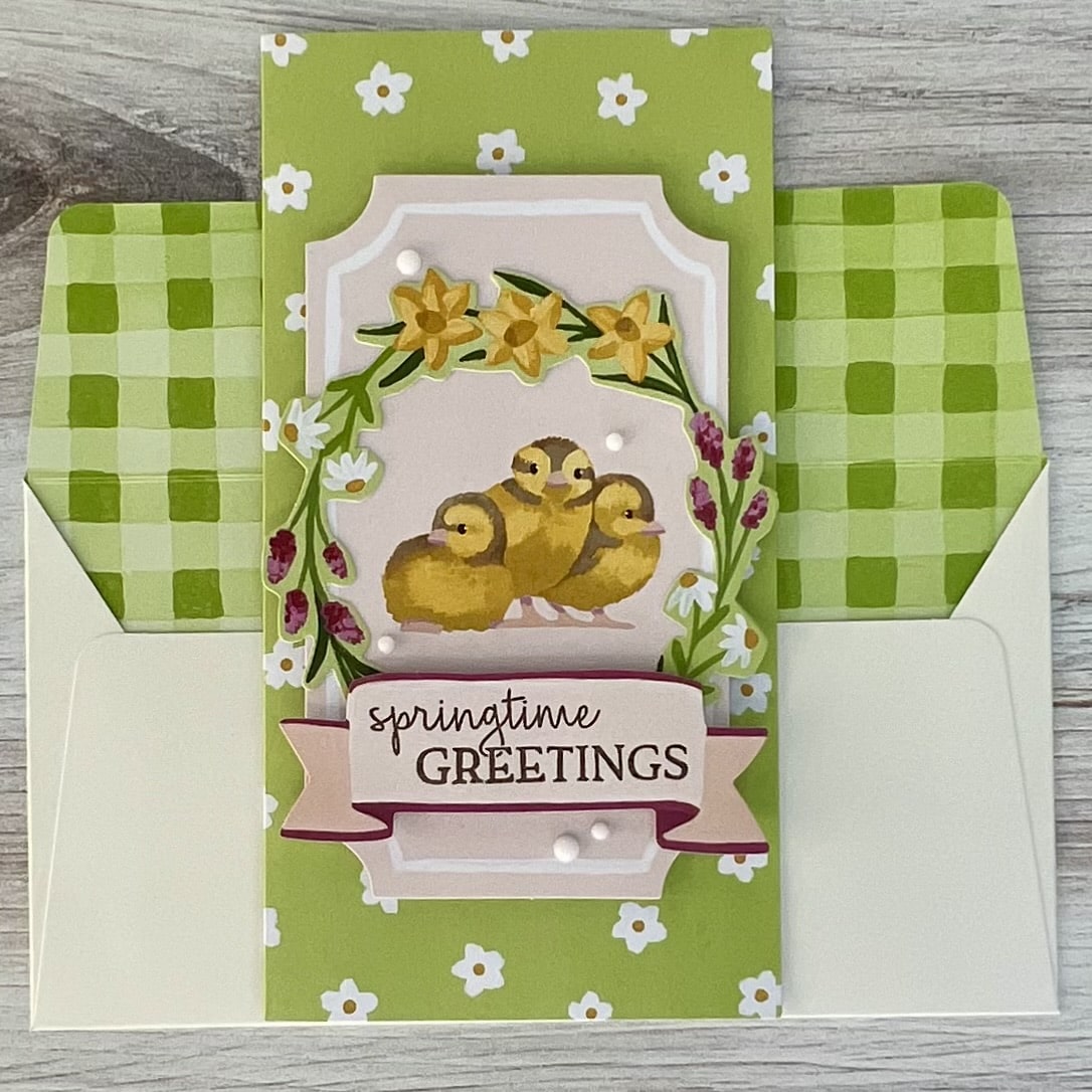Greeting card “Springtime Greetings – Baby Chicks” with cute baby chick illustration.