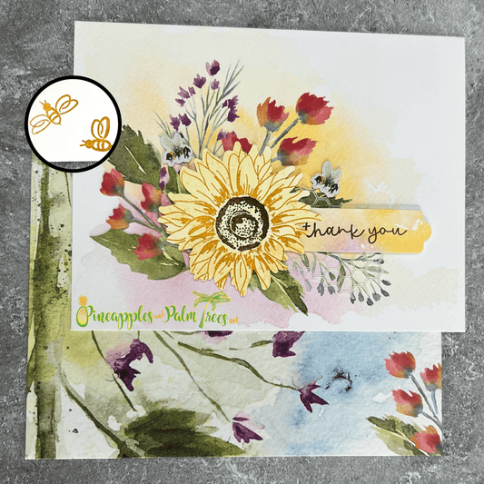 Greeting card “Thank You” with bright sunflower illustration on front.
