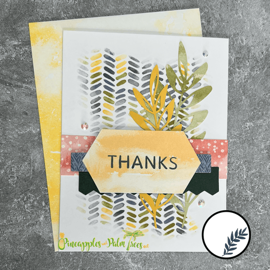 Greeting card “Thanks” in blue and yellow design.