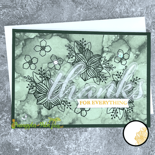 Greeting card “Thanks for Everything” with green floral illustration on front.