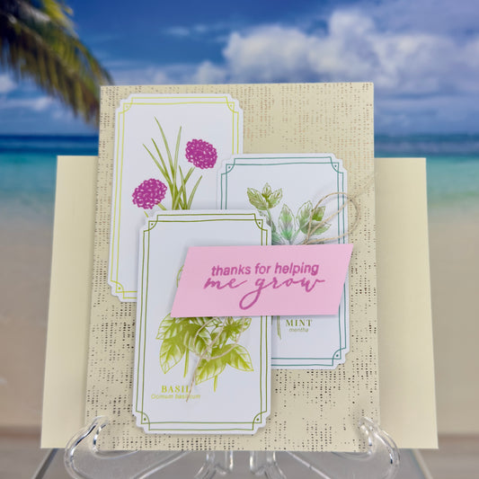 Greeting card “Thanks for Helping Me Grow” with herb-themed illustration on front.