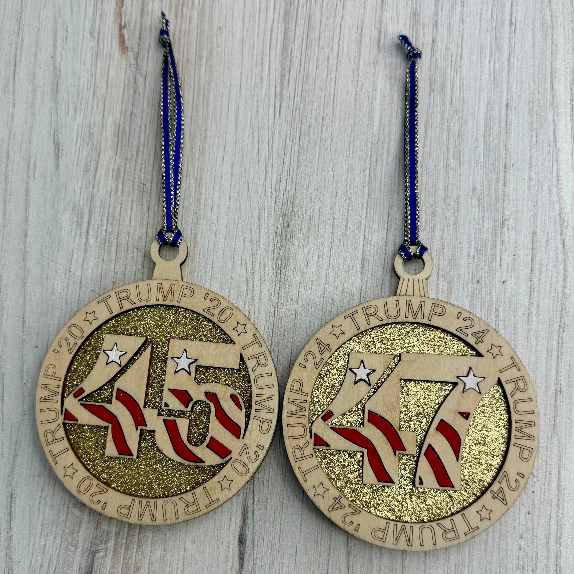 Lasered Christmas ornament featuring a Trump design, ideal for holiday décor or political novelty gifting.