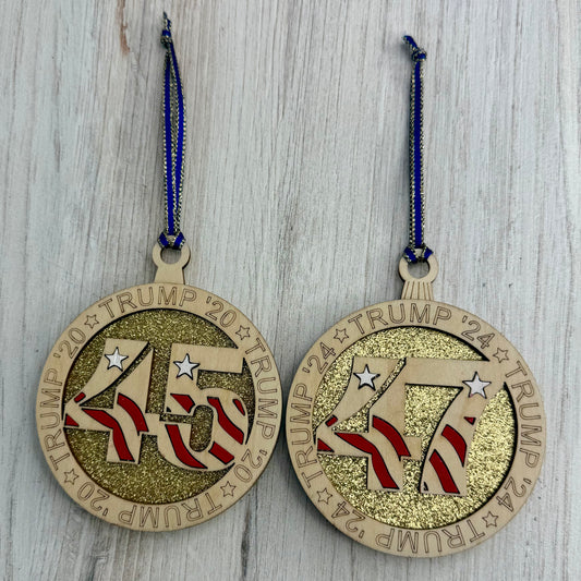 Lasered Christmas ornament featuring a Trump design, ideal for holiday décor or political novelty gifting.