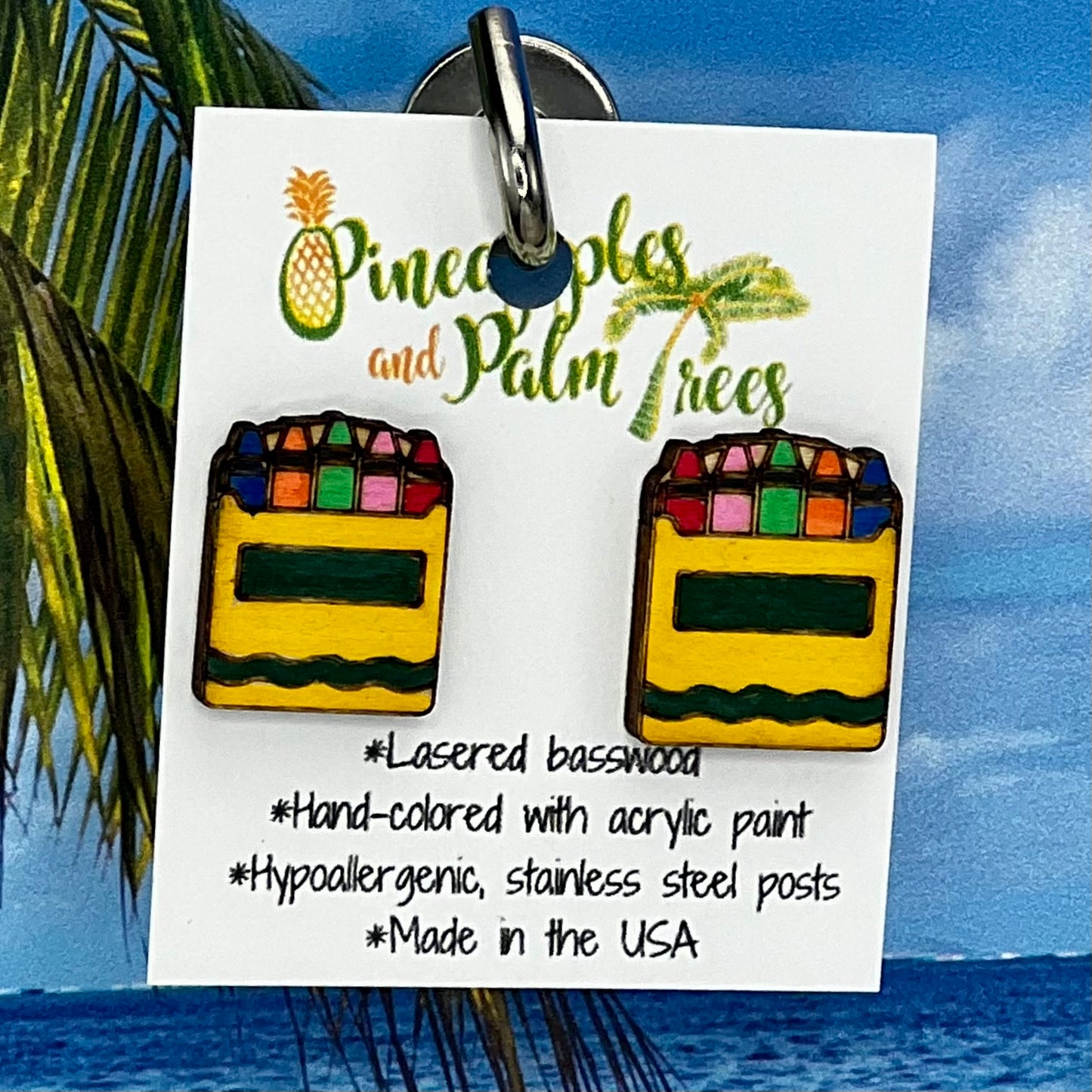 Lasered crayon-shaped stud earrings with colorful design, perfect for kids, teachers, or gifting.