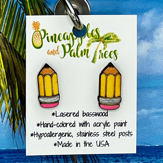 Lasered pencil‑shaped stud earrings with school‑inspired design, perfect for teachers, students, or gifting.
