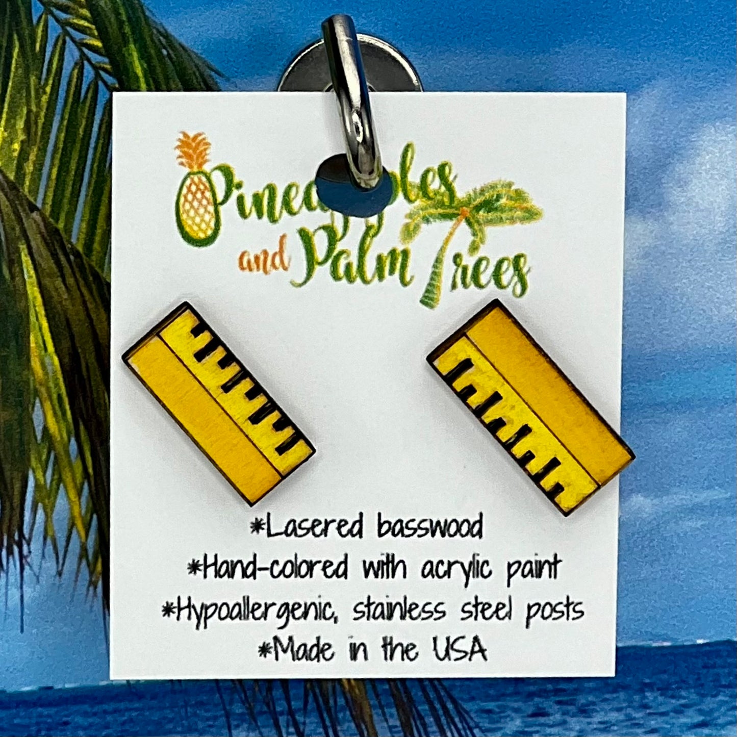 Lasered ruler-shaped stud earrings with school-inspired design, perfect for teachers, students, or gifting.