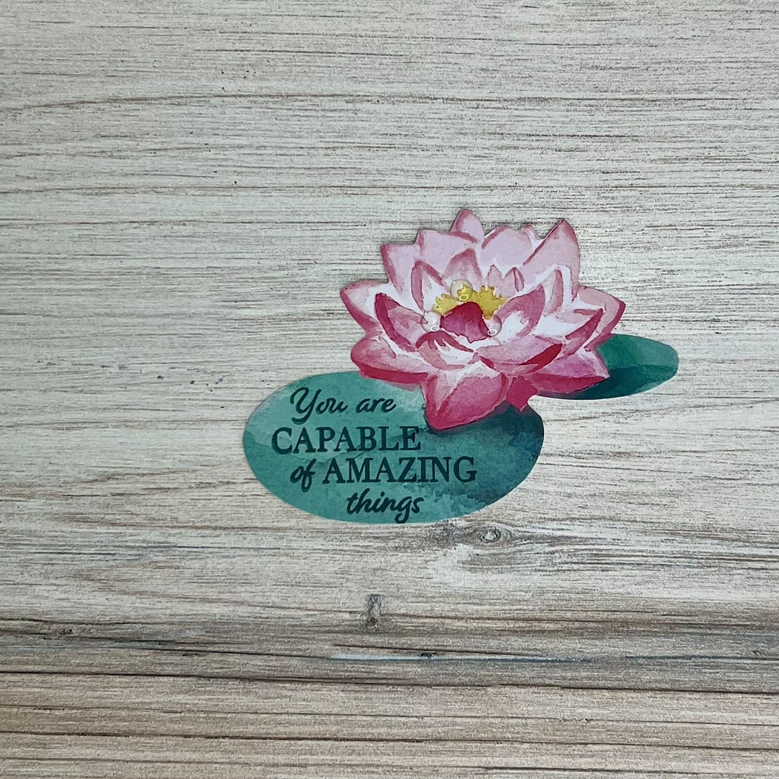 Greeting card “You Are Capable of Amazing Things” featuring a watercolor lily pad and lotus pond illustration.