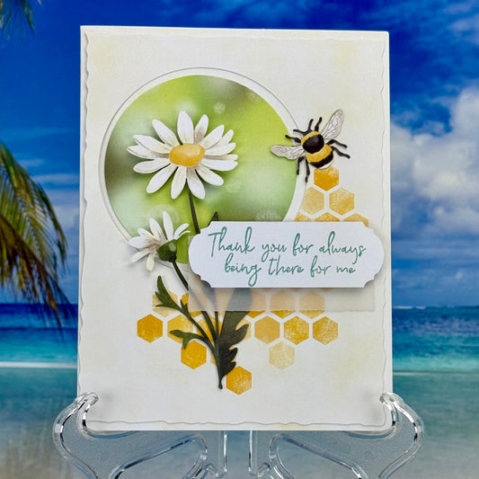 “Thank you for always being there for me” greeting card with with cheerful daisies and a little bee on the front.