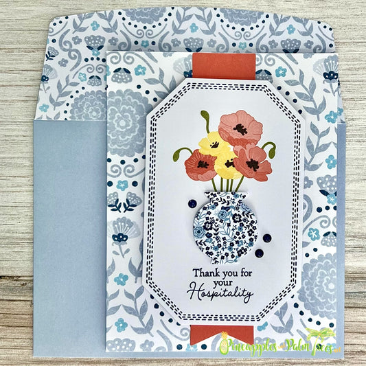 Thank you greeting card “Thank You For Your Hospitality” with cheerful floral design on front cover.