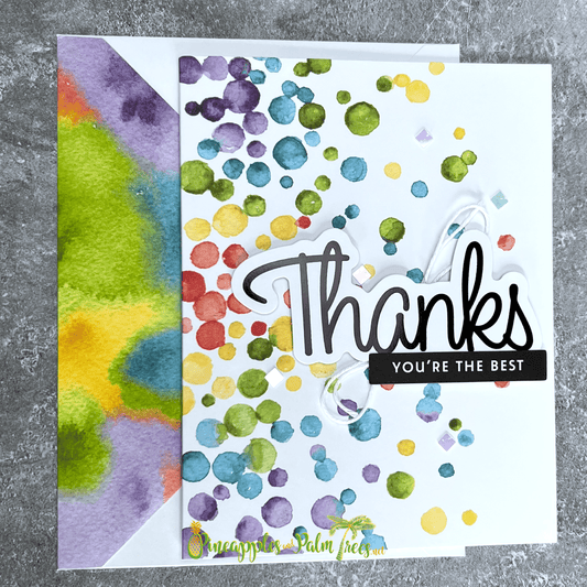 Greeting card “Thanks You’re the Best” with playful rainbow dot pattern on front cover.