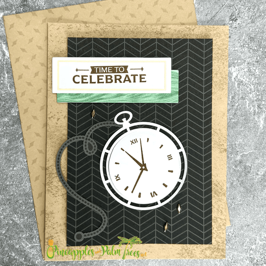 Greeting card “Time to Celebrate” with vintage pocket watch illustration on the front cover.