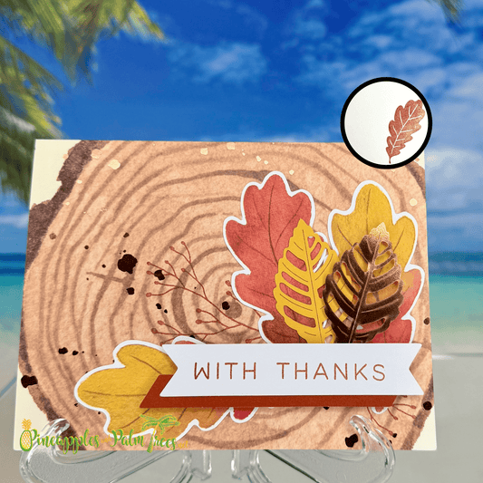 Thank-you greeting card featuring a woodgrain background and the message “With Thanks” on the front.