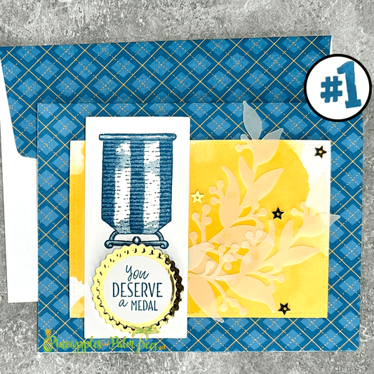 Motivational greeting card with a ribbon and award illustration and the message “You Deserve a Medal” on the front.