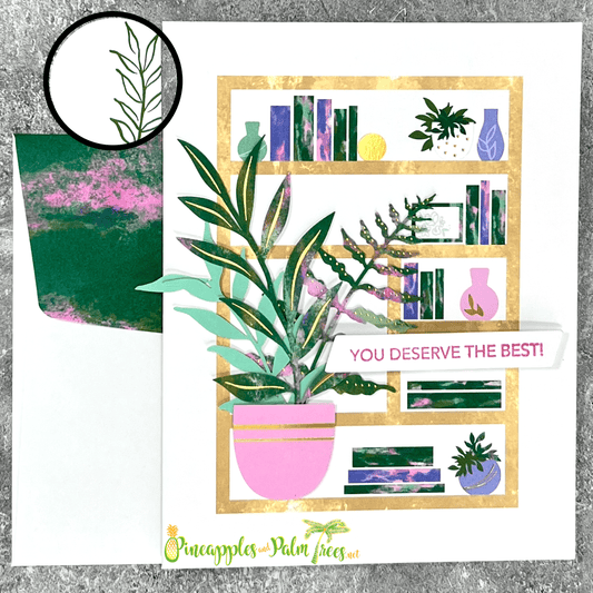 Encouraging greeting card with a bookshelf illustration and the message “You Deserve the Best” on the front.