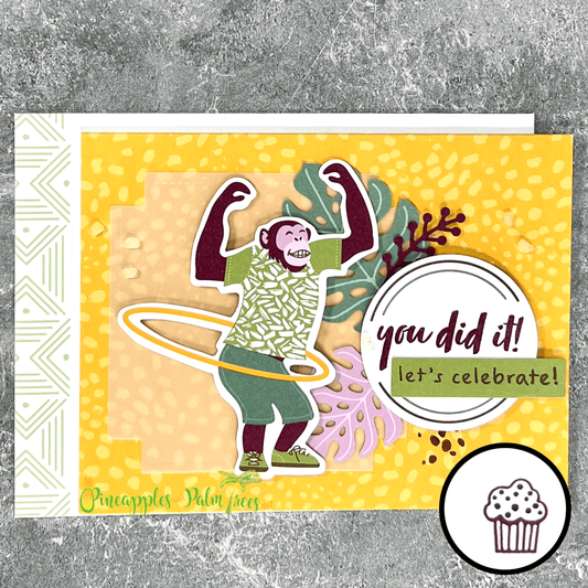 Fun greeting card with a monkey in a hula hoop and the message “You Did It! Let’s Celebrate” on the front.
