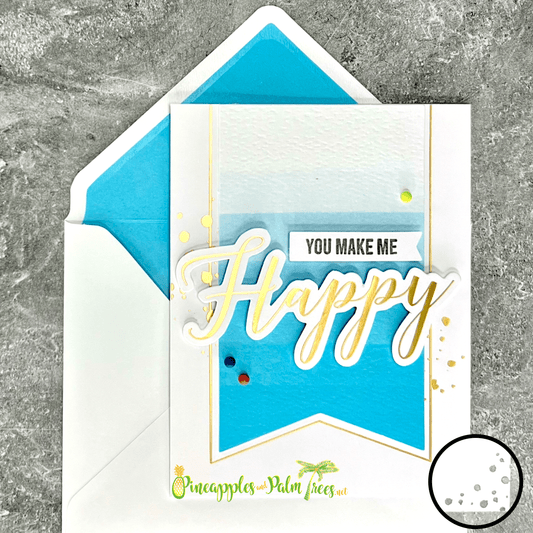 Cheerful greeting card with “You Make Me Happy” text in blue tones on the front cover.