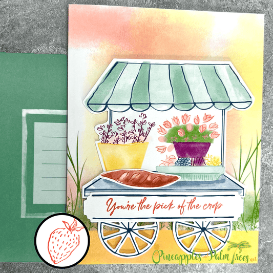 Fun greeting card “You’re the Pick of the Crop” featuring a vendor cart illustration on the front.