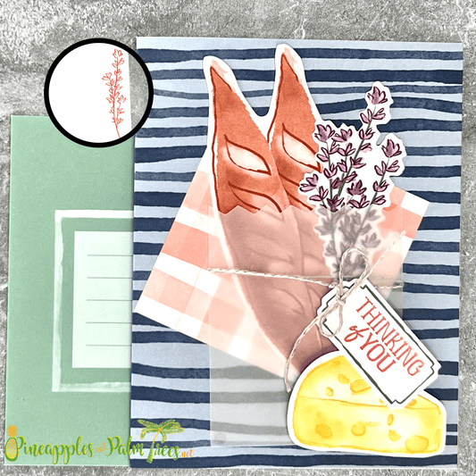 Greeting card “Thinking of You” featuring a bread and cheese illustration on the front cover.