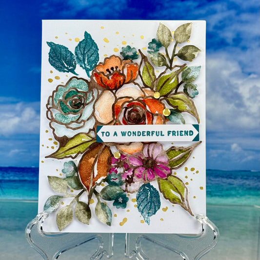 Greeting card “To a Wonderful Friend” with a colorful floral bouquet illustration on the front cover.