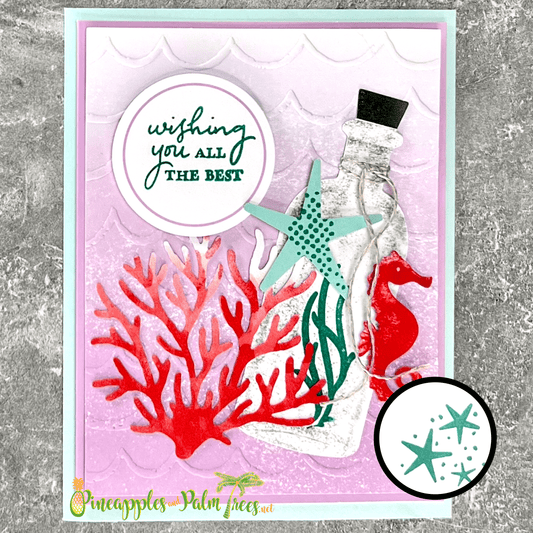Greeting card “Wishing You All the Best” featuring a sea horse and coral illustration on the front cover.