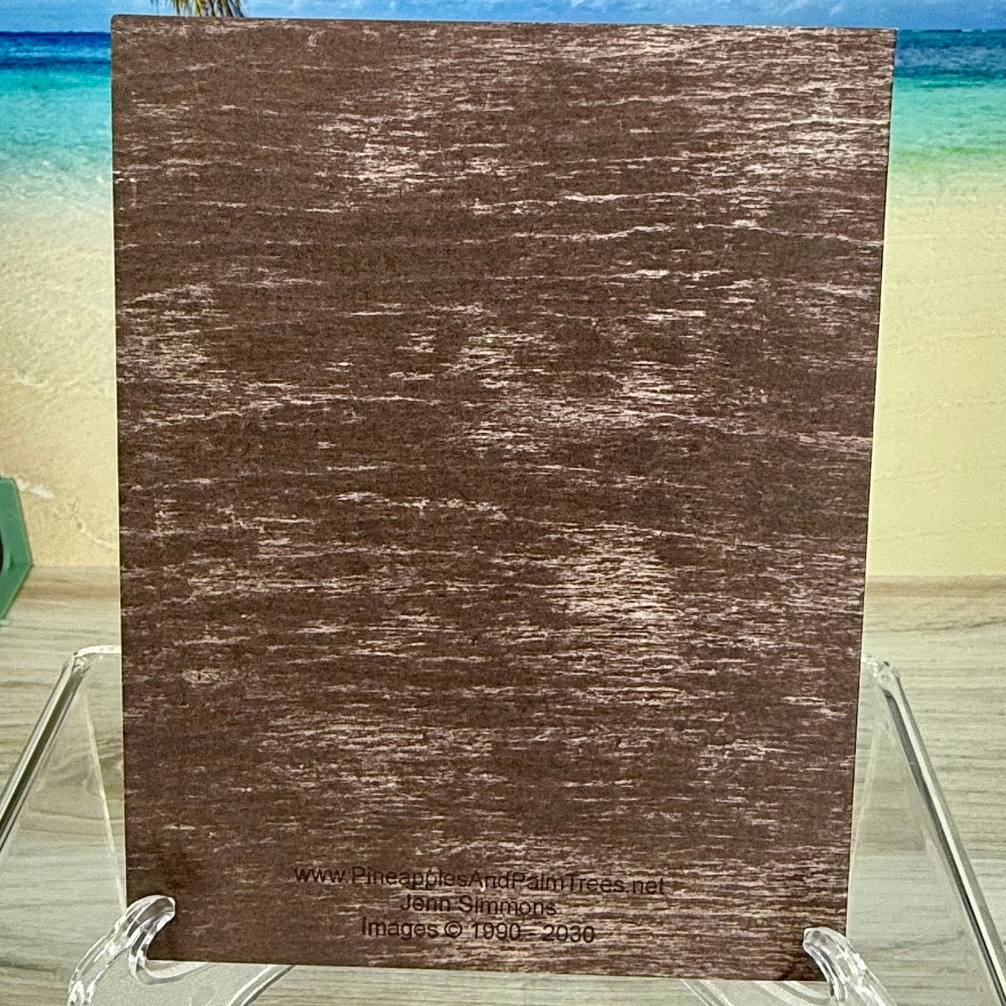 Back of greeting card showing the Pineapples & Palm Trees information and card details printed on kraft paper.