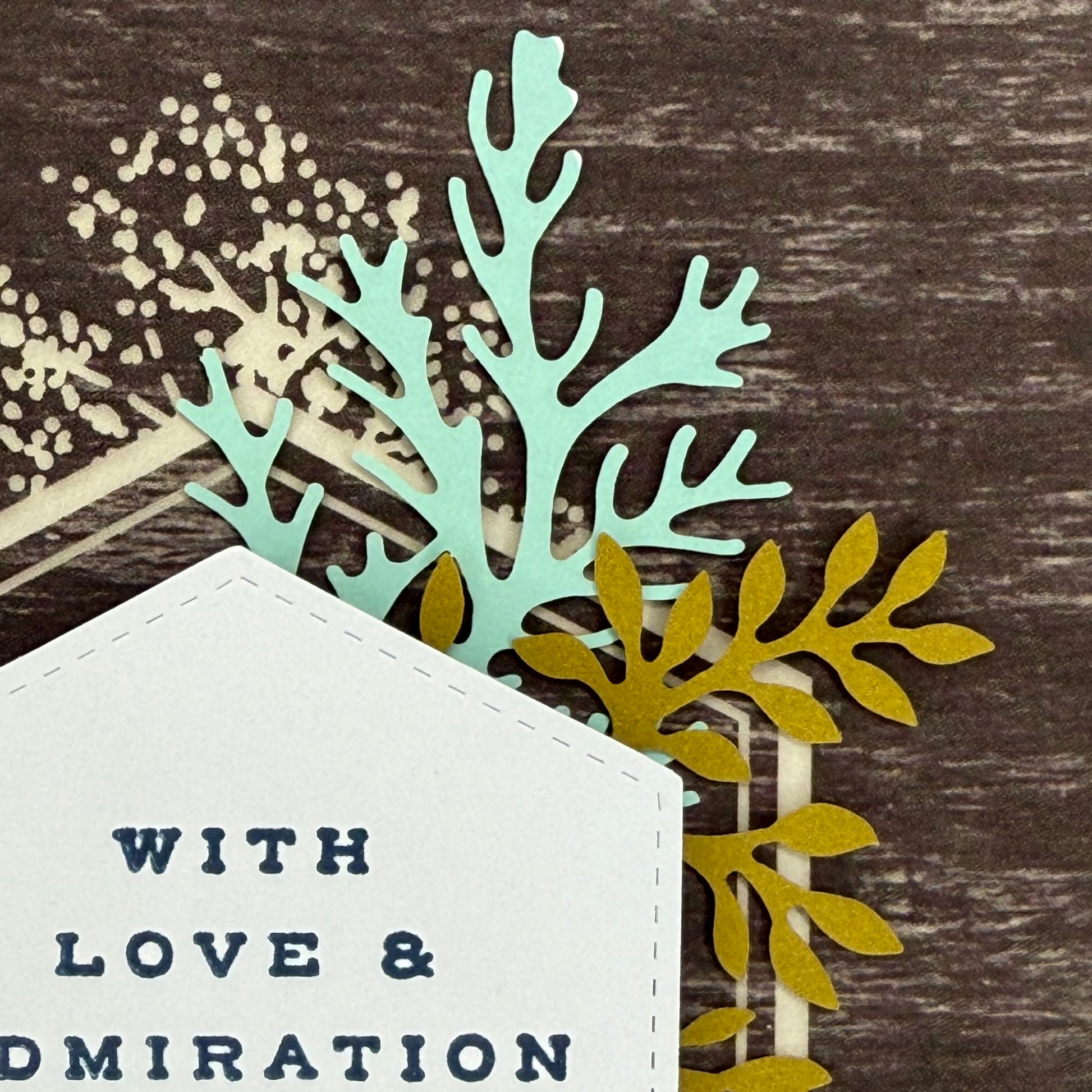 Intricate details of a greeting card with the message ‘With love and admiration to the most amazing person,’ featuring elegant tree designs.