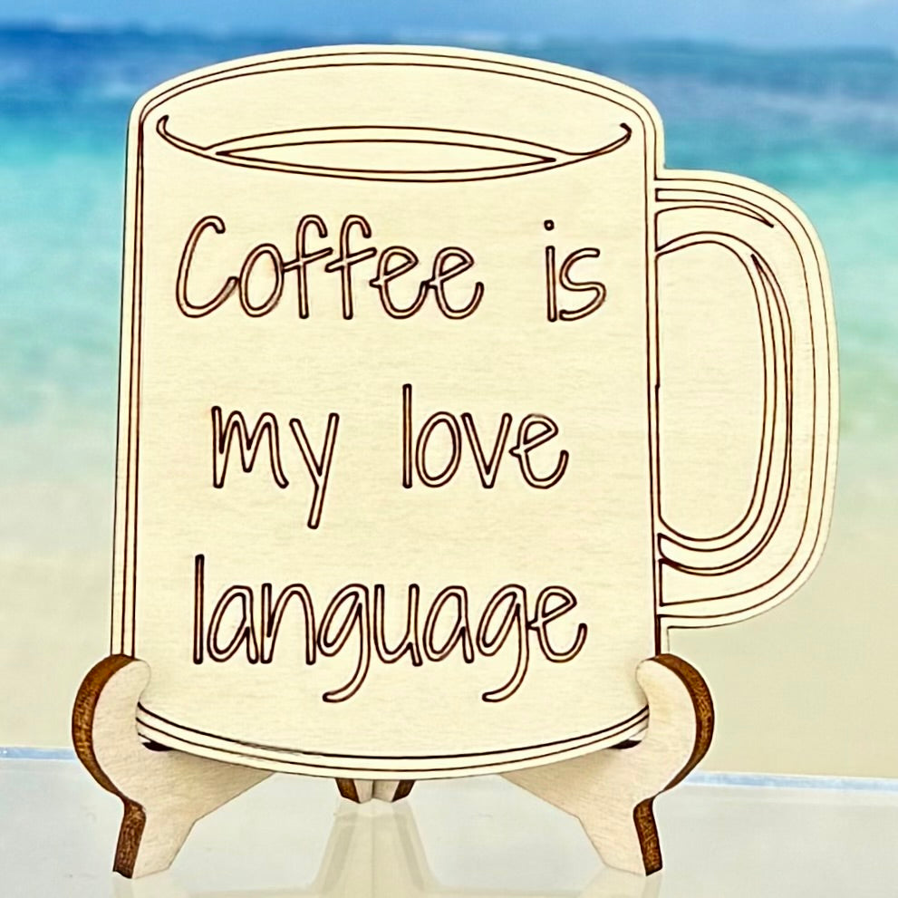 Laser-cut wooden fridge magnet engraved with the quote ‘Coffee Is My Love Language’ — handcrafted décor gift for coffee lovers, approx. 2.5″ square, with strong magnet backing.