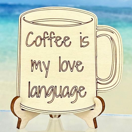 Laser-cut wooden fridge magnet engraved with the quote ‘Coffee Is My Love Language’ — handcrafted décor gift for coffee lovers, approx. 2.5″ square, with strong magnet backing.
