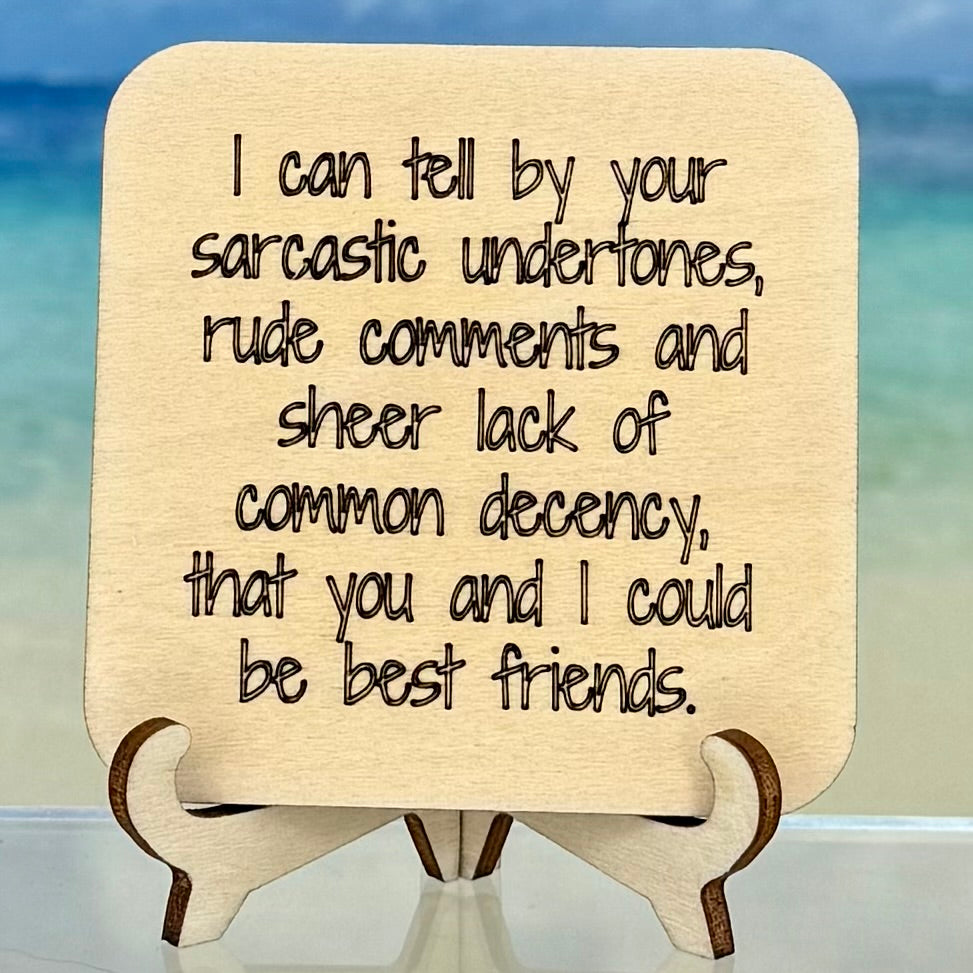 Laser-cut wooden fridge magnet engraved with the quote ‘I can tell by your sarcastic undertones, rude comments and sheer lack of decency that you and I could be best friends’ — handcrafted decor with a strong magnet backing, perfect for witty gift-giving.