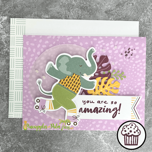 Playful greeting card with an elephant on roller skates and the message “You Are So Amazing” on the front.