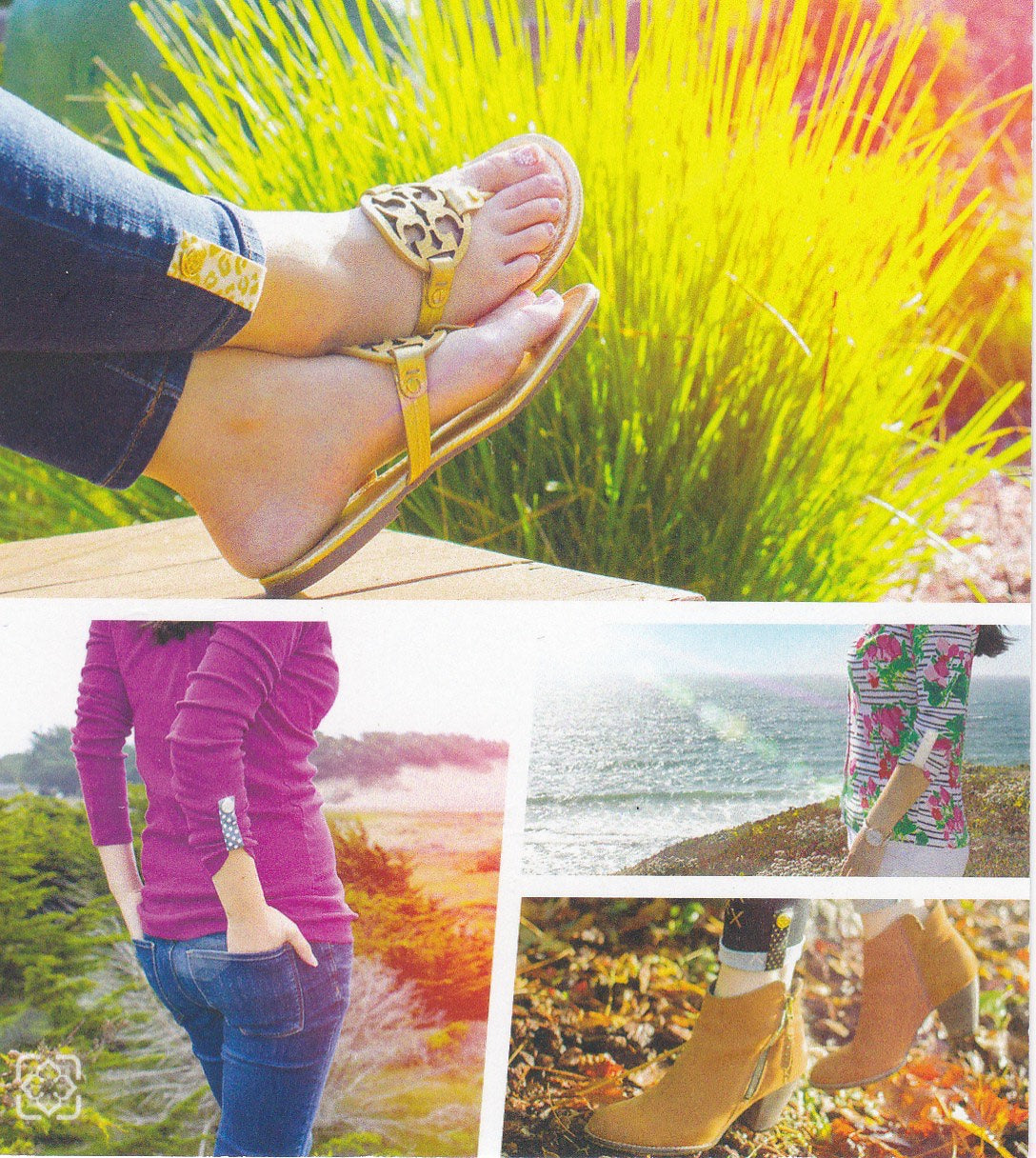 Back of packaging that shows 4 images of different ways to style your Poppyclip.  1. Shows a Poppyclip decorating the outer hem of jeans. 2. Lady in a long sleeve hot pink top, with a Poppyclip holding up a sleeve to ¾ length - her hand in her back pocket of her jeans.  3. Lady in a colorful blouse with a Poppyclip holding up her sleeve as she faces the ocean, 4. Lady wearing low-cut boots with a Poppyclip holding her cuffed jeans up for the perfect length. 